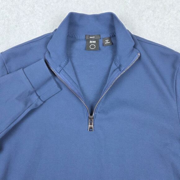 BOSS by Hugo Boss Mens Medium Navy Blue Quarter Zip Pullover Slim Fit - Picture 5 of 11
